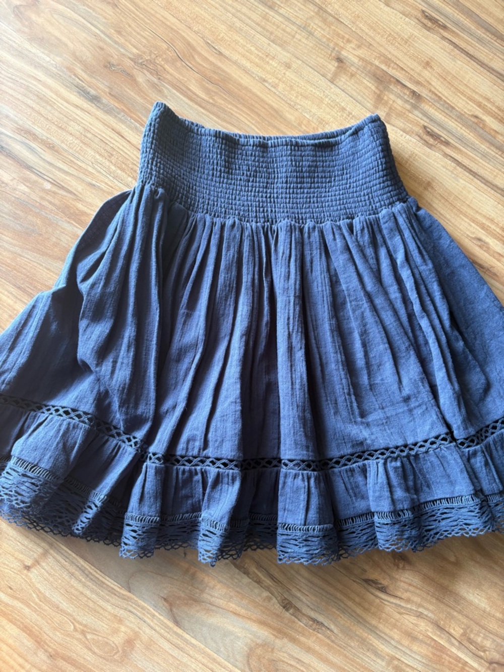 Rebecca Taylor Navy Blue Smocked Waist Tiered Skirt with Lace Trim